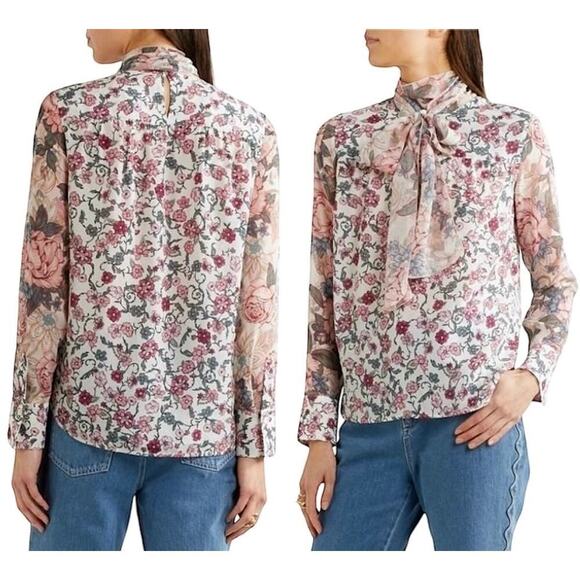 See By Chloe Floral Print Mixed Media Silk Chiffon Georgette Blouse Size 44 / L - Picture 2 of 11